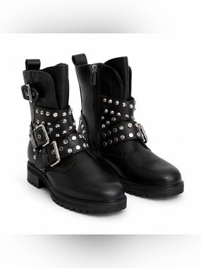 Zara TRF Studded Biker Ankle Boots Moto Punk Rock Buckle Harness EU39